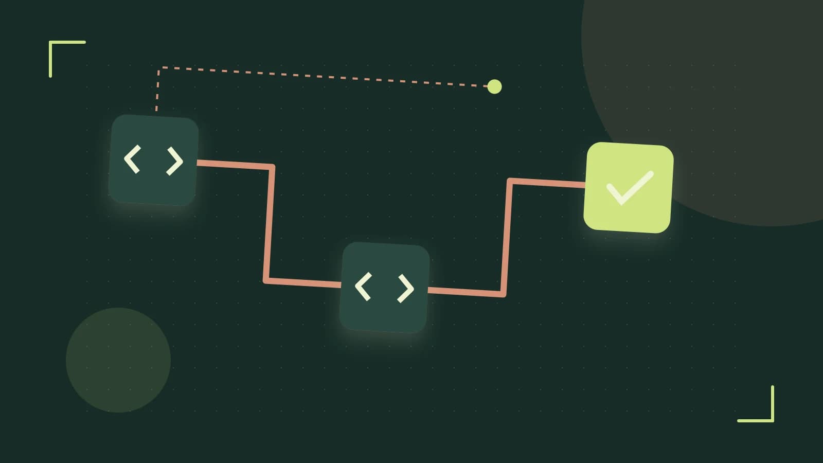 Editorial illustration of a branching build pipeline, staged transformations and a completed check