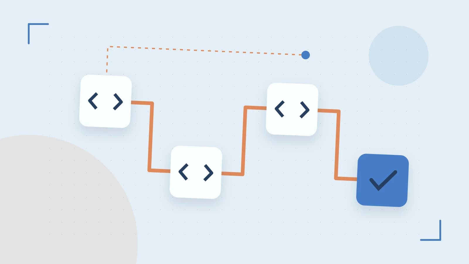 Editorial illustration of a branching build pipeline, staged transformations and a completed check