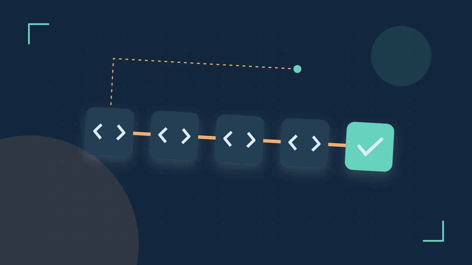 Editorial illustration of a branching build pipeline, staged transformations and a completed check