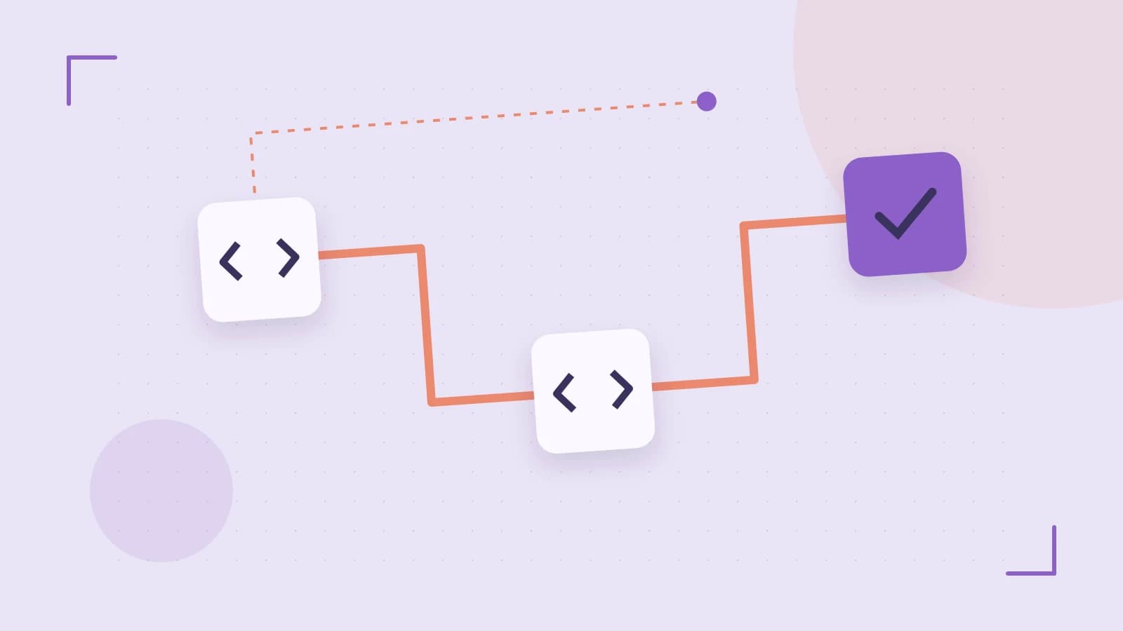 Editorial illustration of a branching build pipeline, staged transformations and a completed check