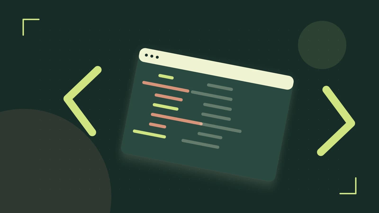 Editorial illustration of an abstract code editor, syntax blocks and oversized programming brackets