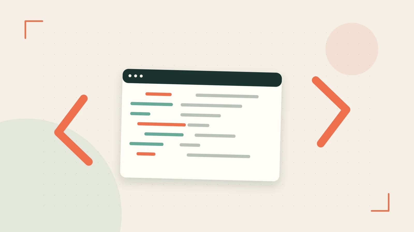 Editorial illustration of an abstract code editor, syntax blocks and oversized programming brackets