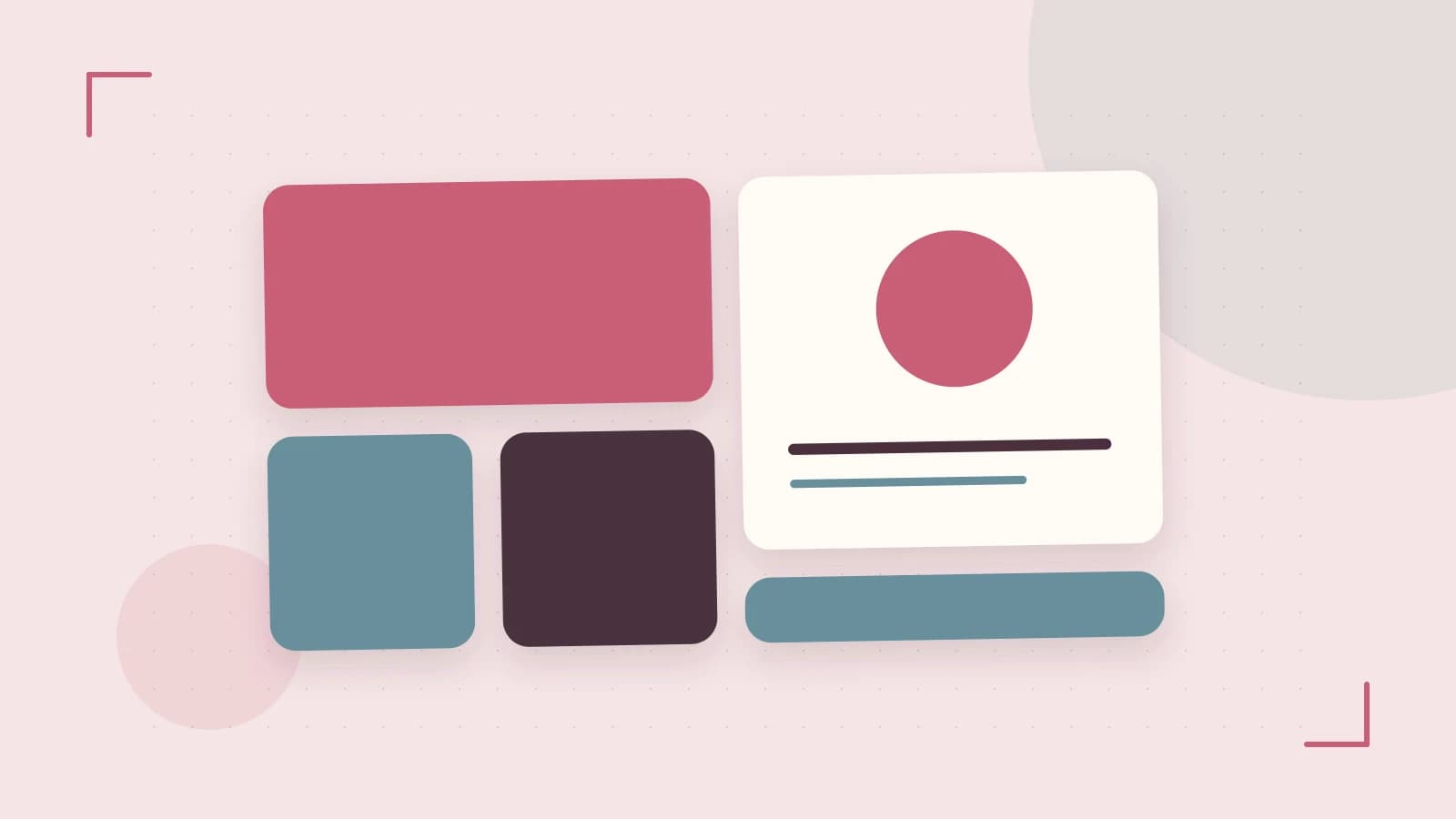 Editorial illustration of responsive browser layouts, overlapping design components and a color system