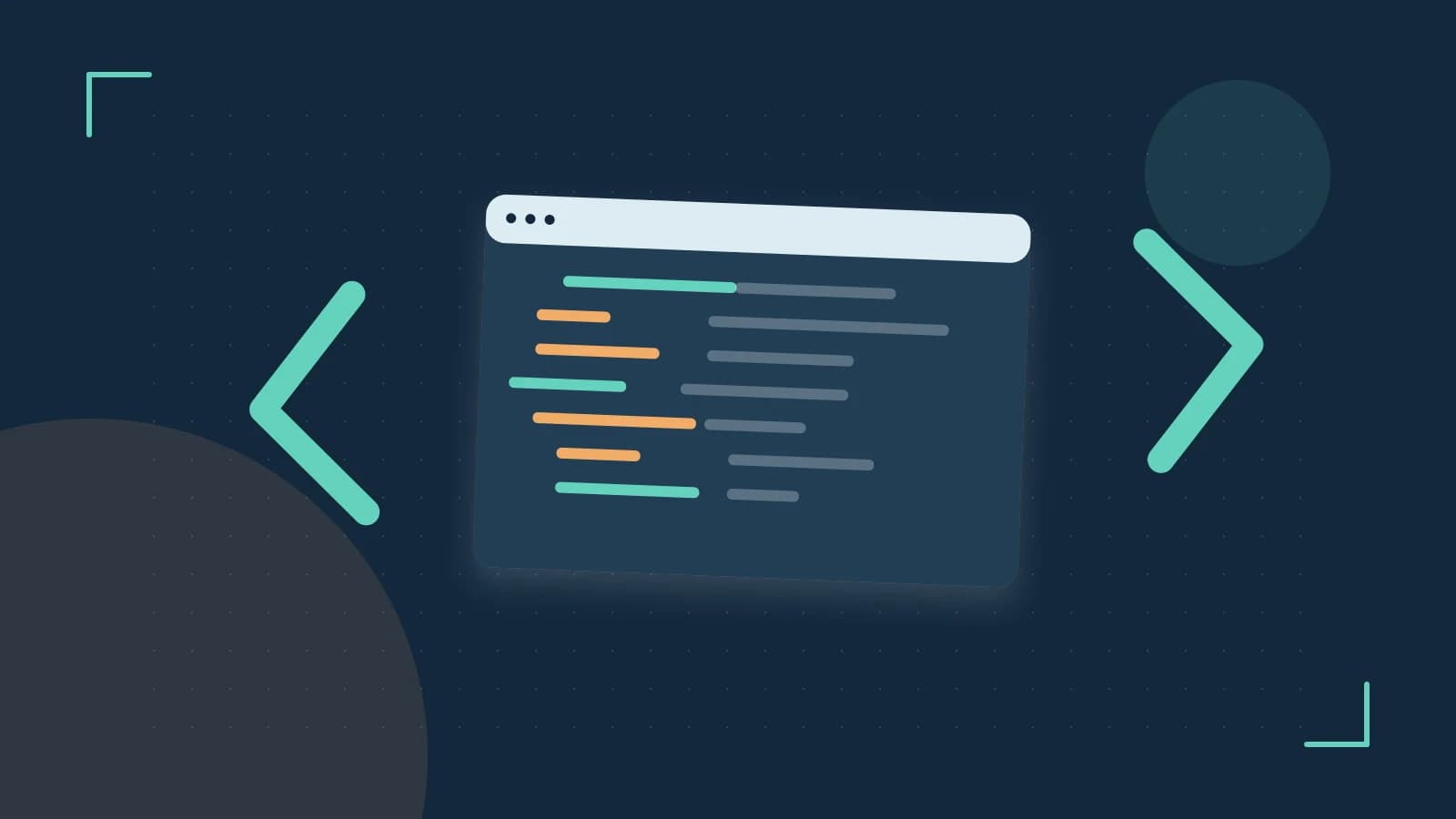 Editorial illustration of an abstract code editor, syntax blocks and oversized programming brackets