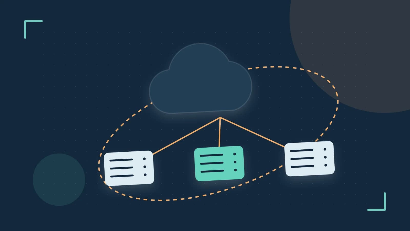 Editorial illustration of cloud infrastructure, connected server racks and an orbital service map