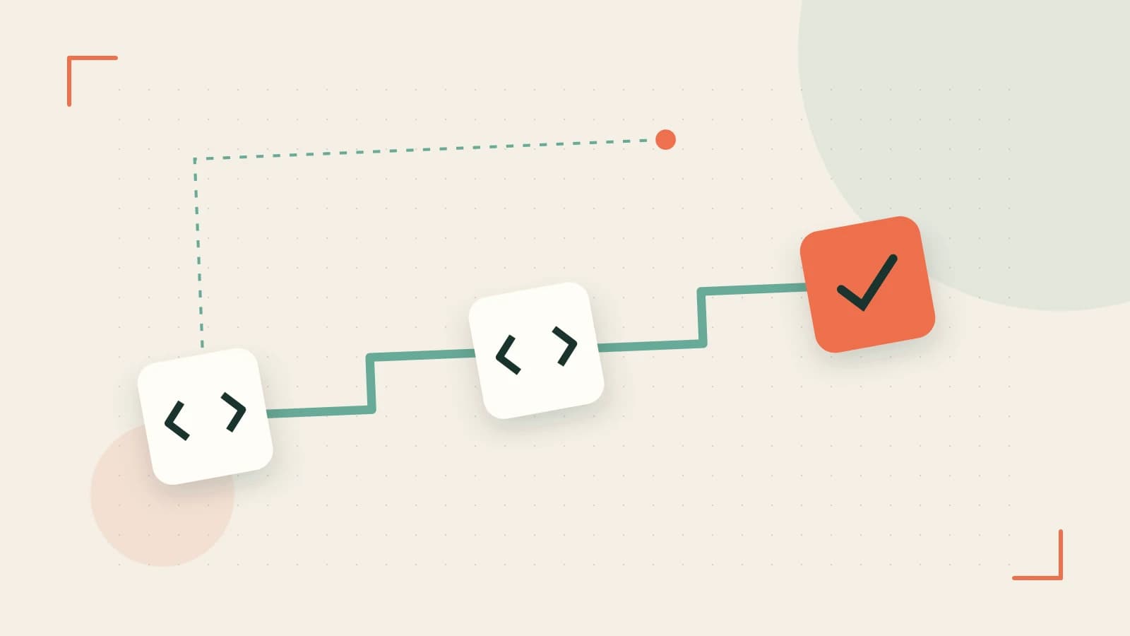 Editorial illustration of a branching build pipeline, staged transformations and a completed check