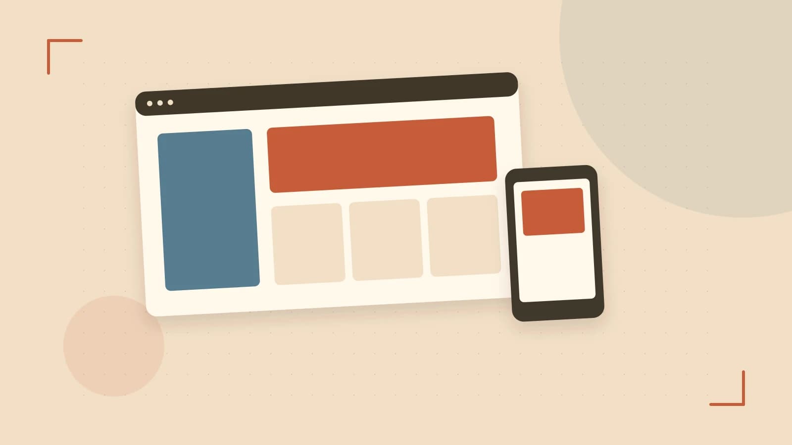 Editorial illustration of responsive browser layouts, overlapping design components and a color system
