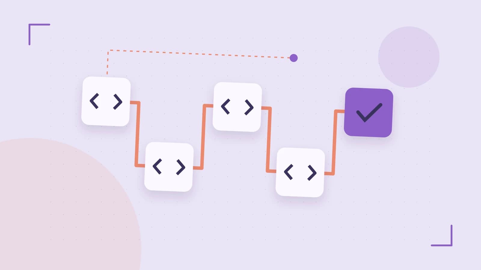 Editorial illustration of a branching build pipeline, staged transformations and a completed check