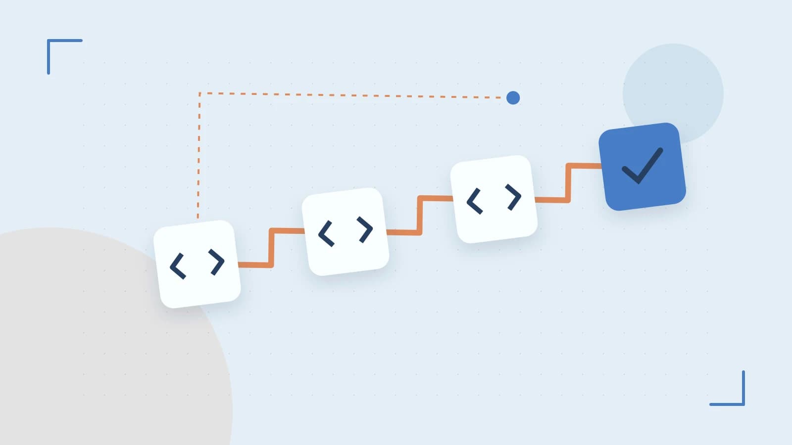 Editorial illustration of a branching build pipeline, staged transformations and a completed check