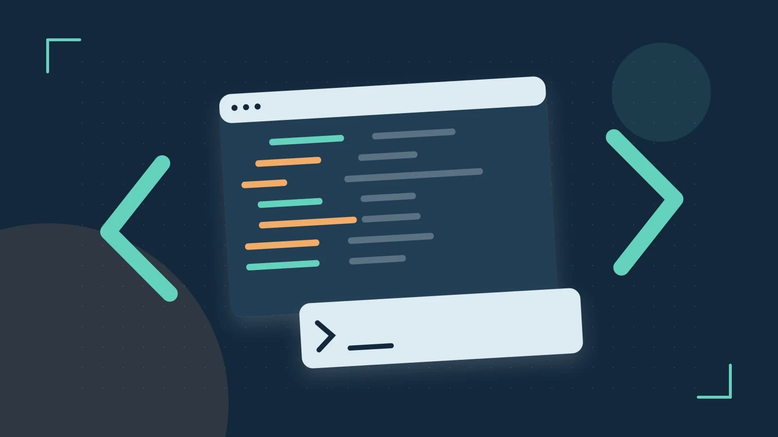 Editorial illustration of an abstract code editor, syntax blocks and oversized programming brackets