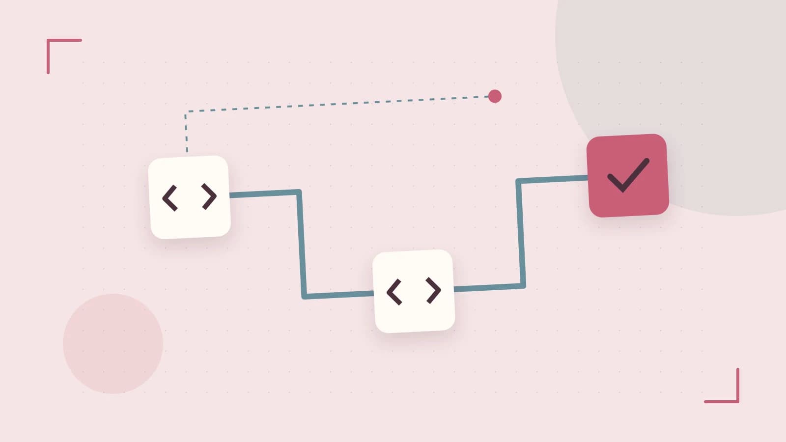 Editorial illustration of a branching build pipeline, staged transformations and a completed check