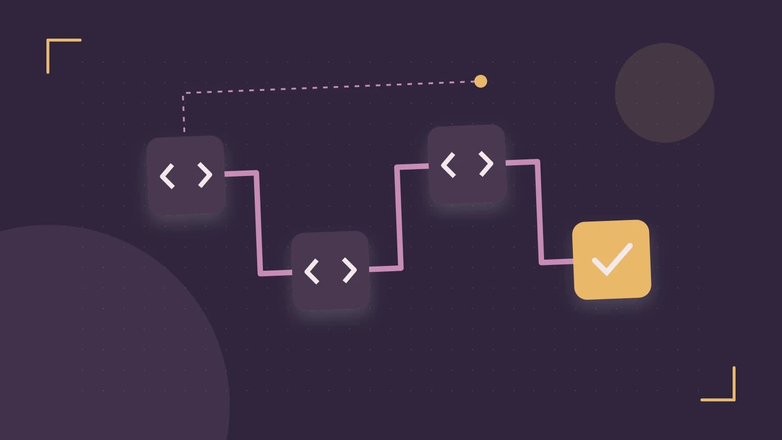 Editorial illustration of a branching build pipeline, staged transformations and a completed check