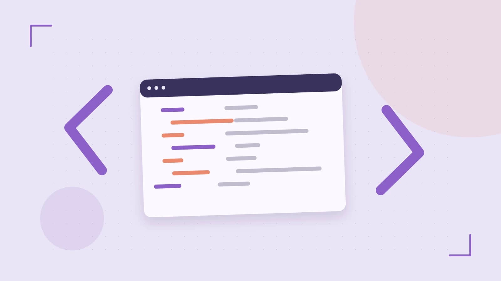 Editorial illustration of an abstract code editor, syntax blocks and oversized programming brackets
