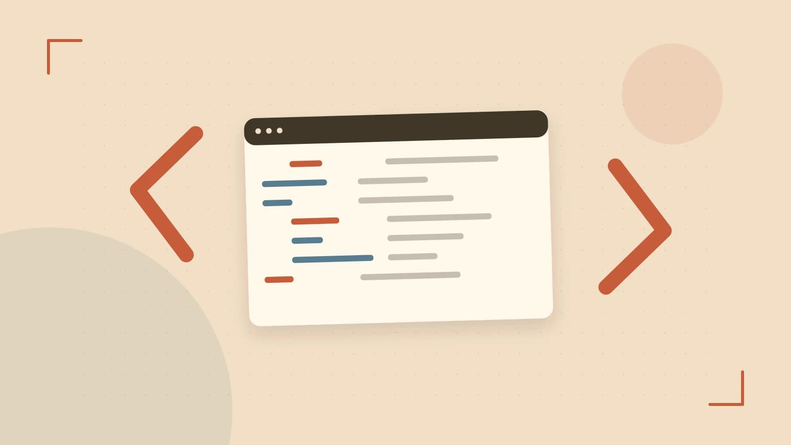 Editorial illustration of an abstract code editor, syntax blocks and oversized programming brackets