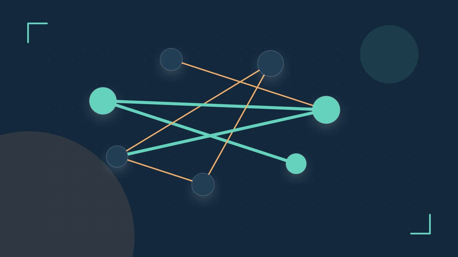 Editorial illustration of an algorithmic node graph with branching paths and a highlighted result