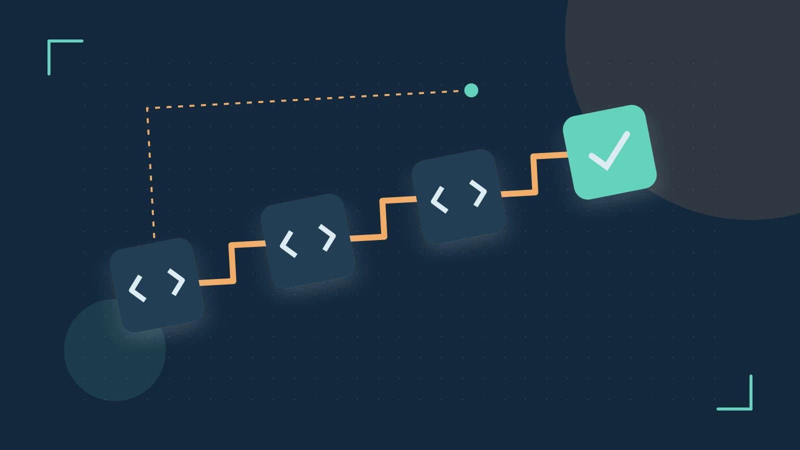 Editorial illustration of a branching build pipeline, staged transformations and a completed check