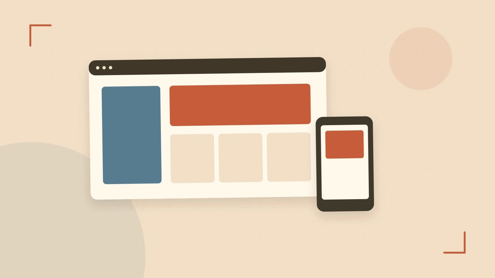 Editorial illustration of responsive browser layouts, overlapping design components and a color system