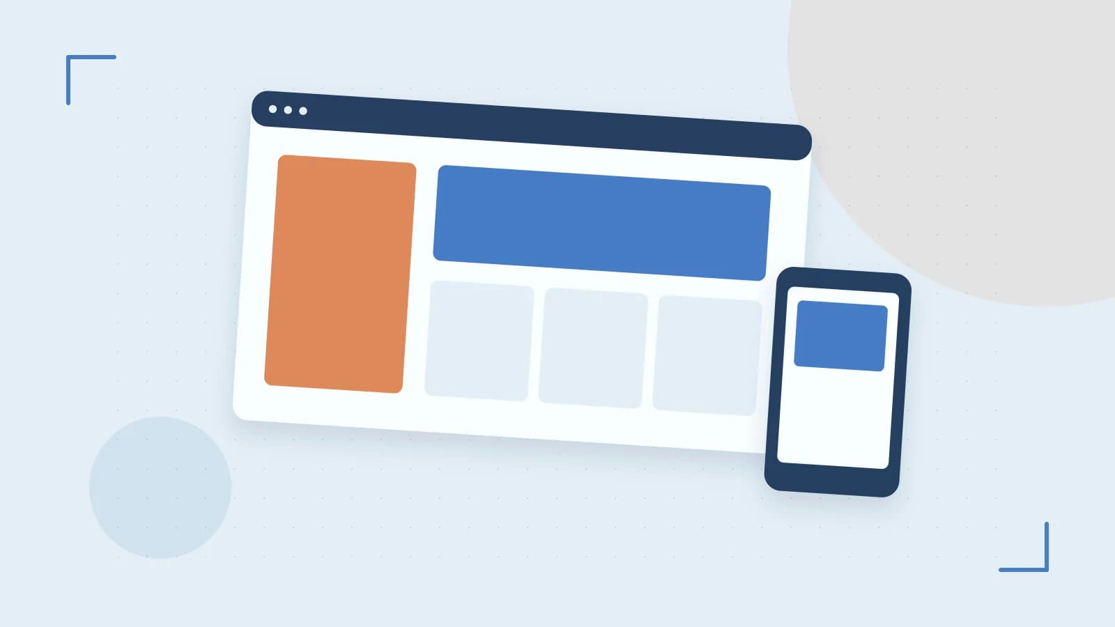 Editorial illustration of responsive browser layouts, overlapping design components and a color system