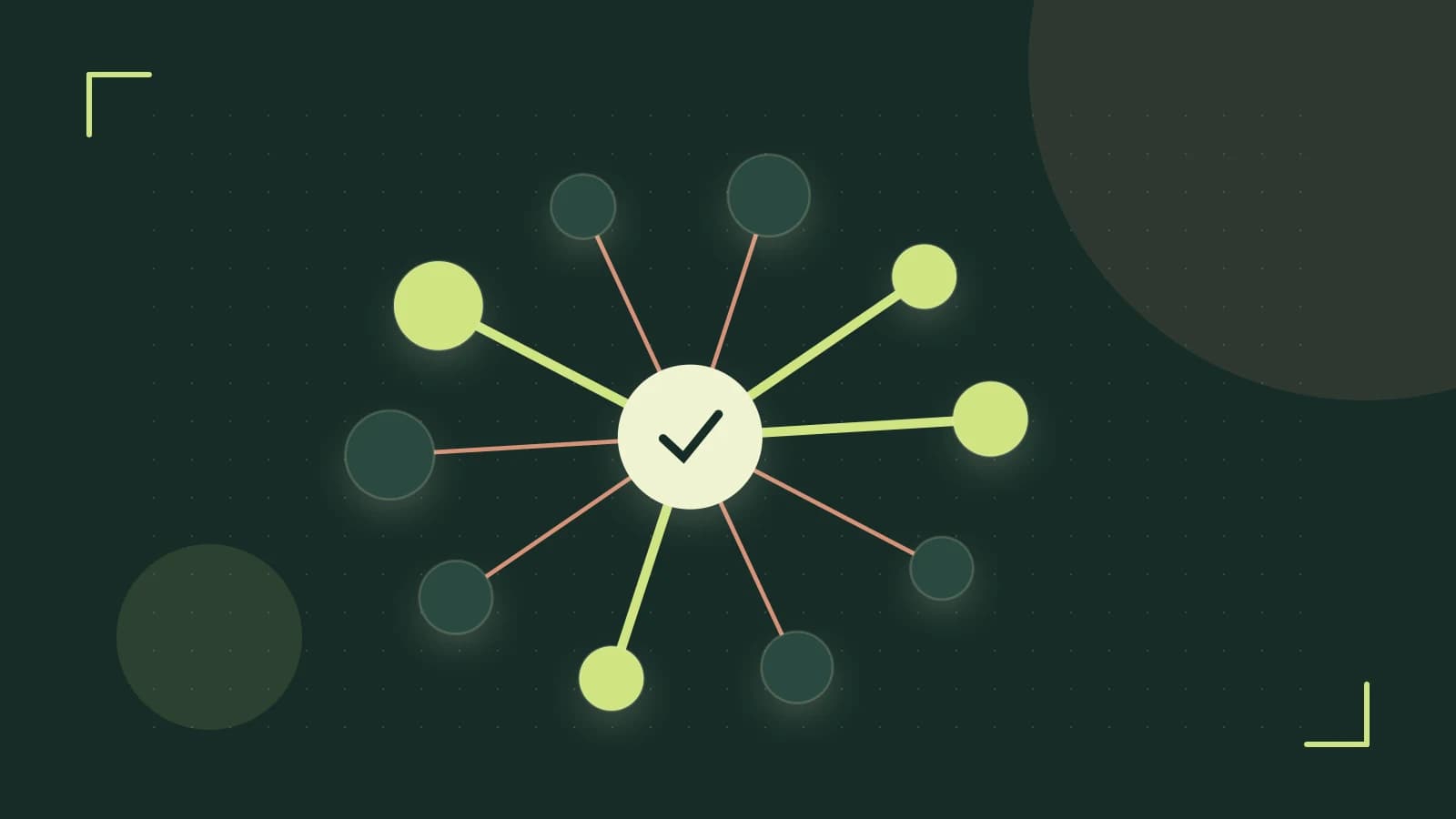 Editorial illustration of an algorithmic node graph with branching paths and a highlighted result