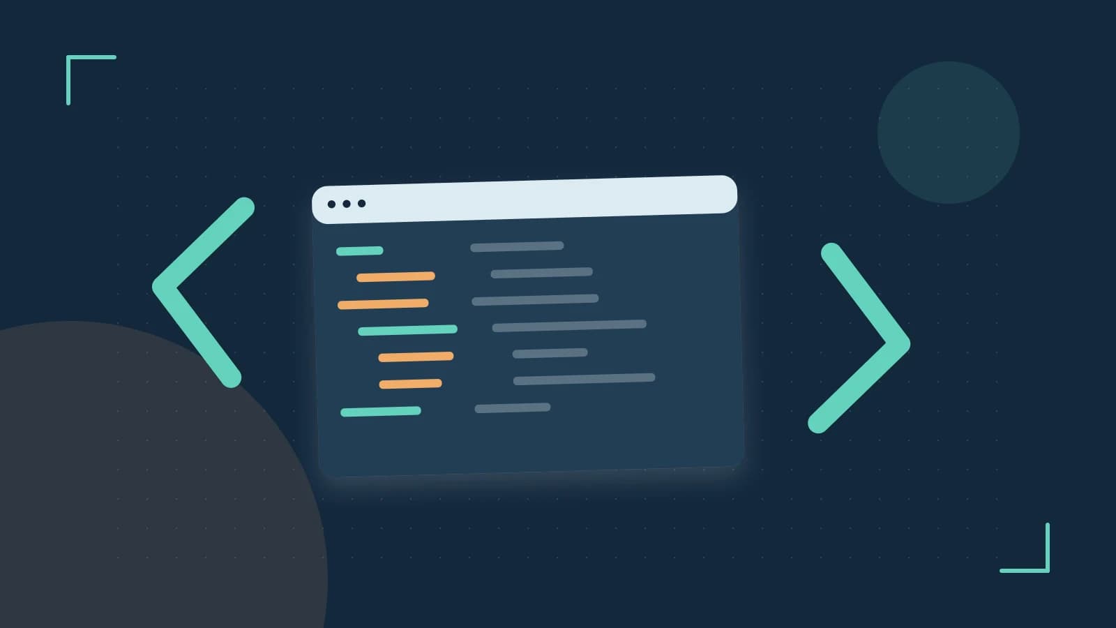 Editorial illustration of an abstract code editor, syntax blocks and oversized programming brackets