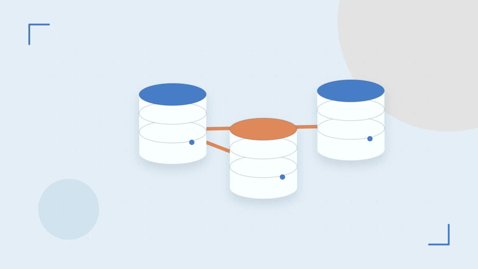 Editorial illustration of structured records, database cylinders and relationships between tables