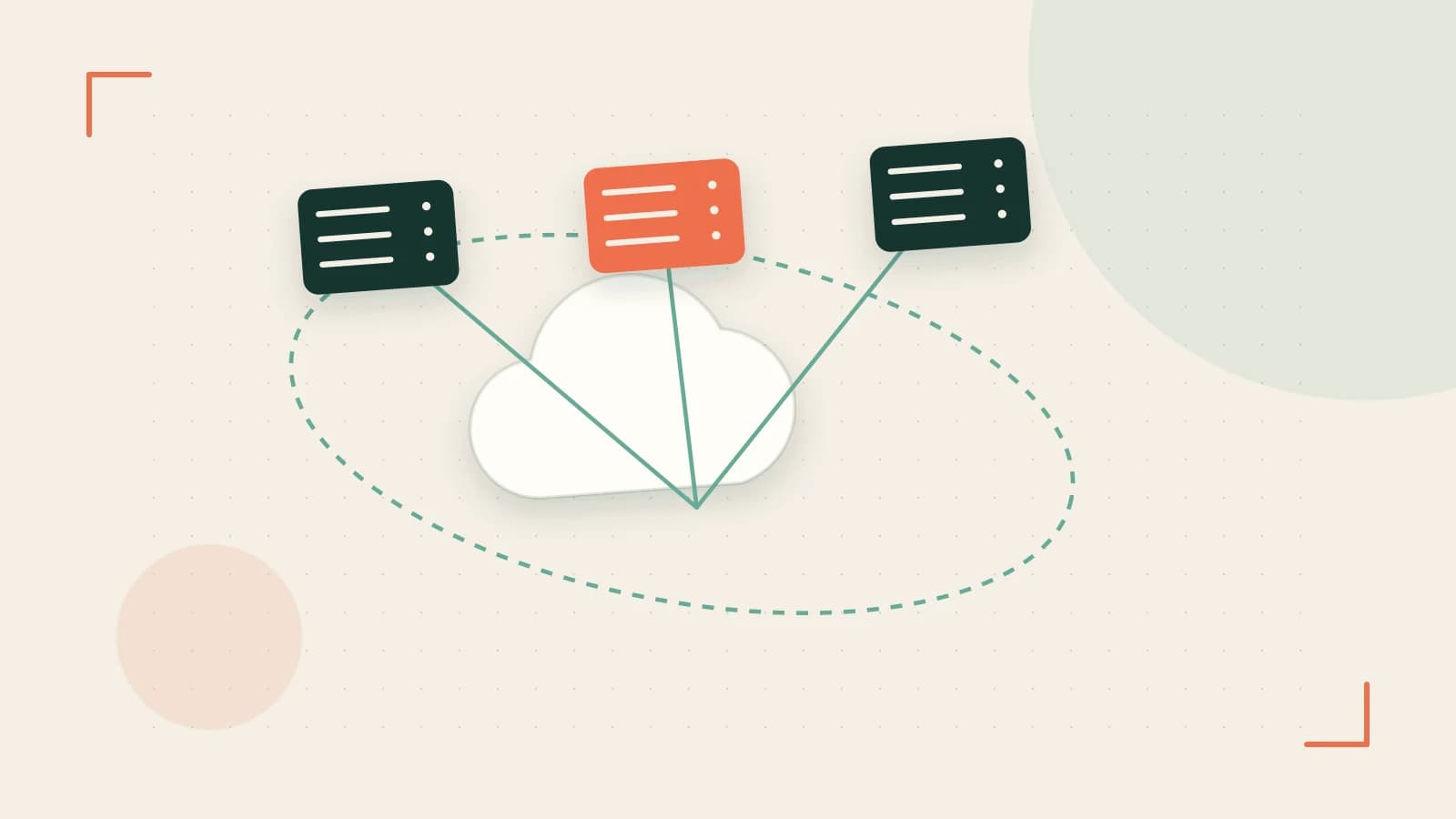 Editorial illustration of cloud infrastructure, connected server racks and an orbital service map