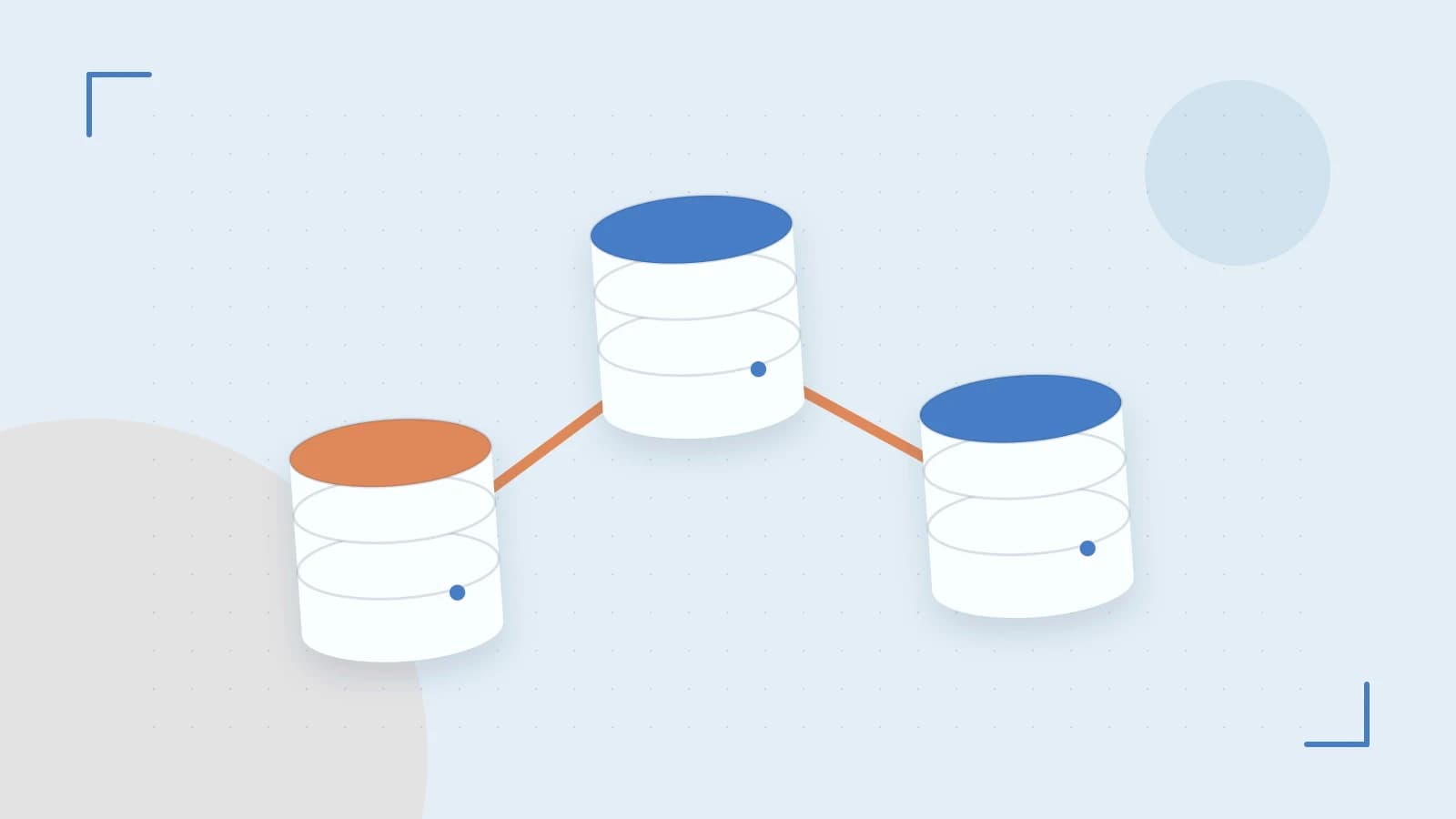 Editorial illustration of structured records, database cylinders and relationships between tables