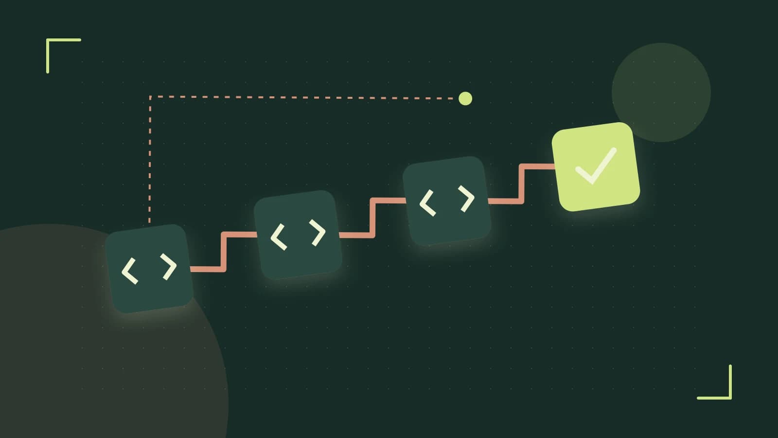 Editorial illustration of a branching build pipeline, staged transformations and a completed check