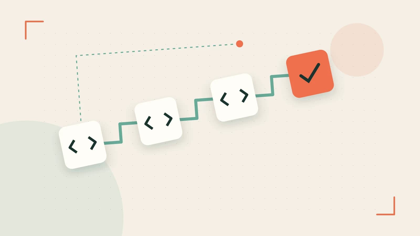 Editorial illustration of a branching build pipeline, staged transformations and a completed check