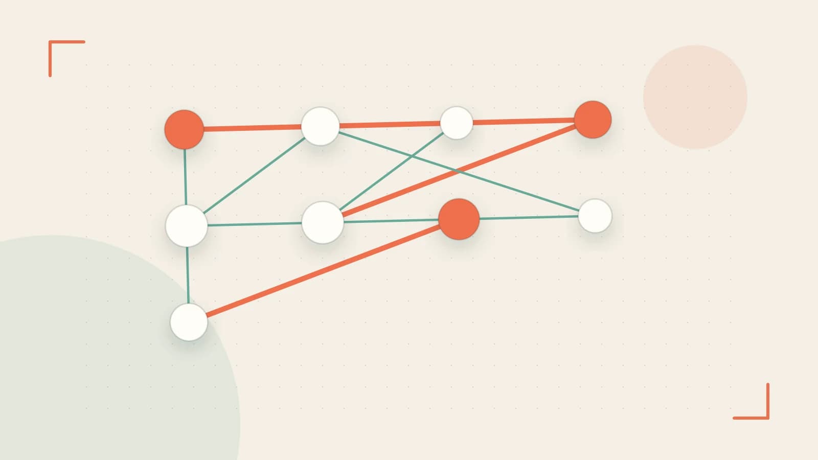 Editorial illustration of an algorithmic node graph with branching paths and a highlighted result