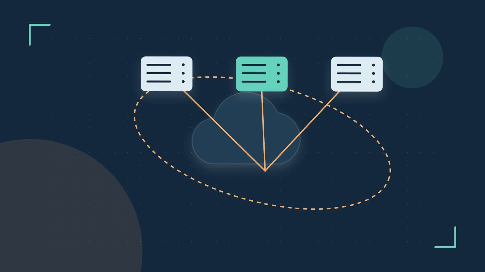 Editorial illustration of cloud infrastructure, connected server racks and an orbital service map