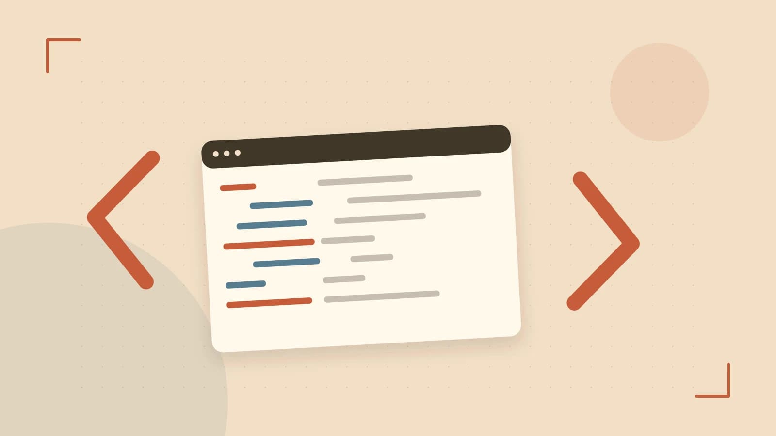 Editorial illustration of an abstract code editor, syntax blocks and oversized programming brackets