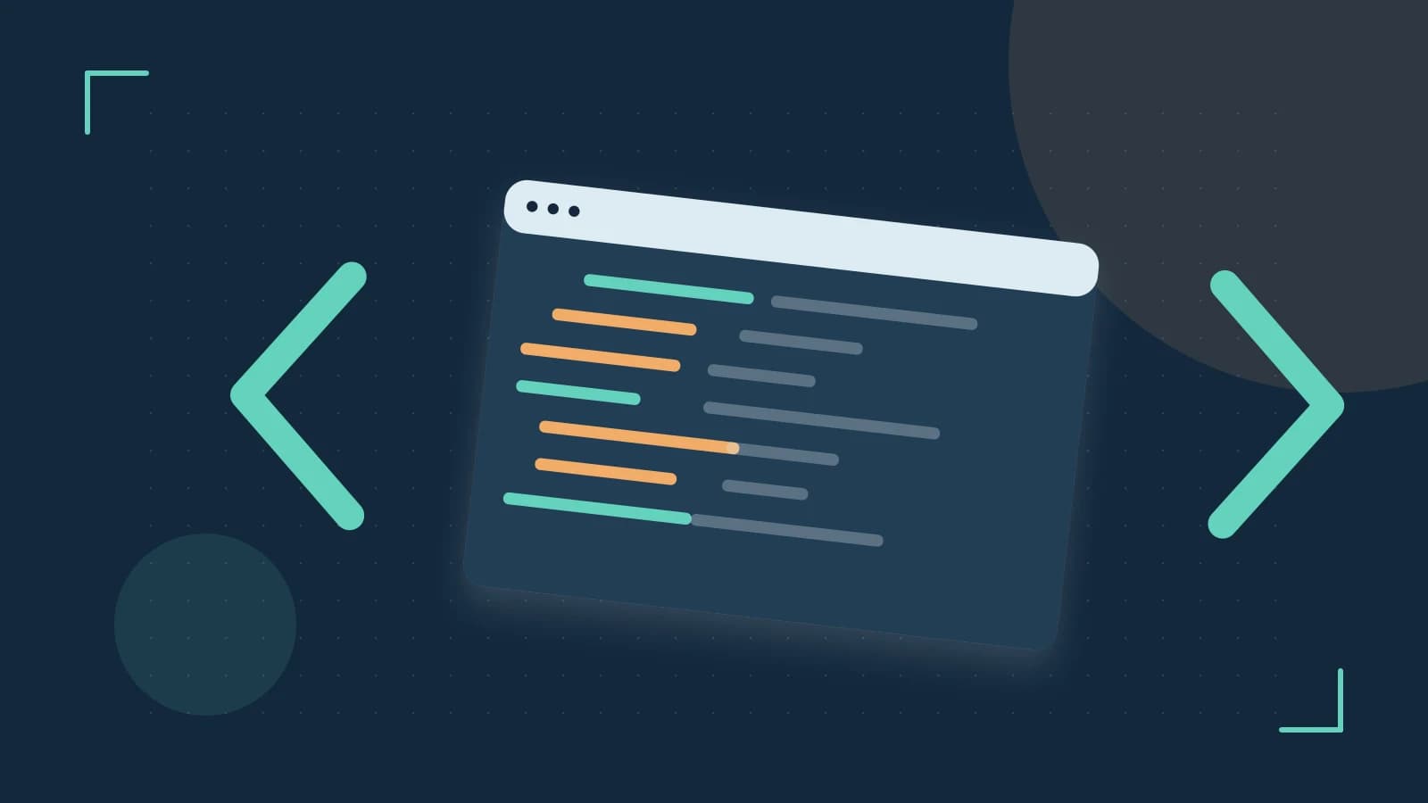 Editorial illustration of an abstract code editor, syntax blocks and oversized programming brackets