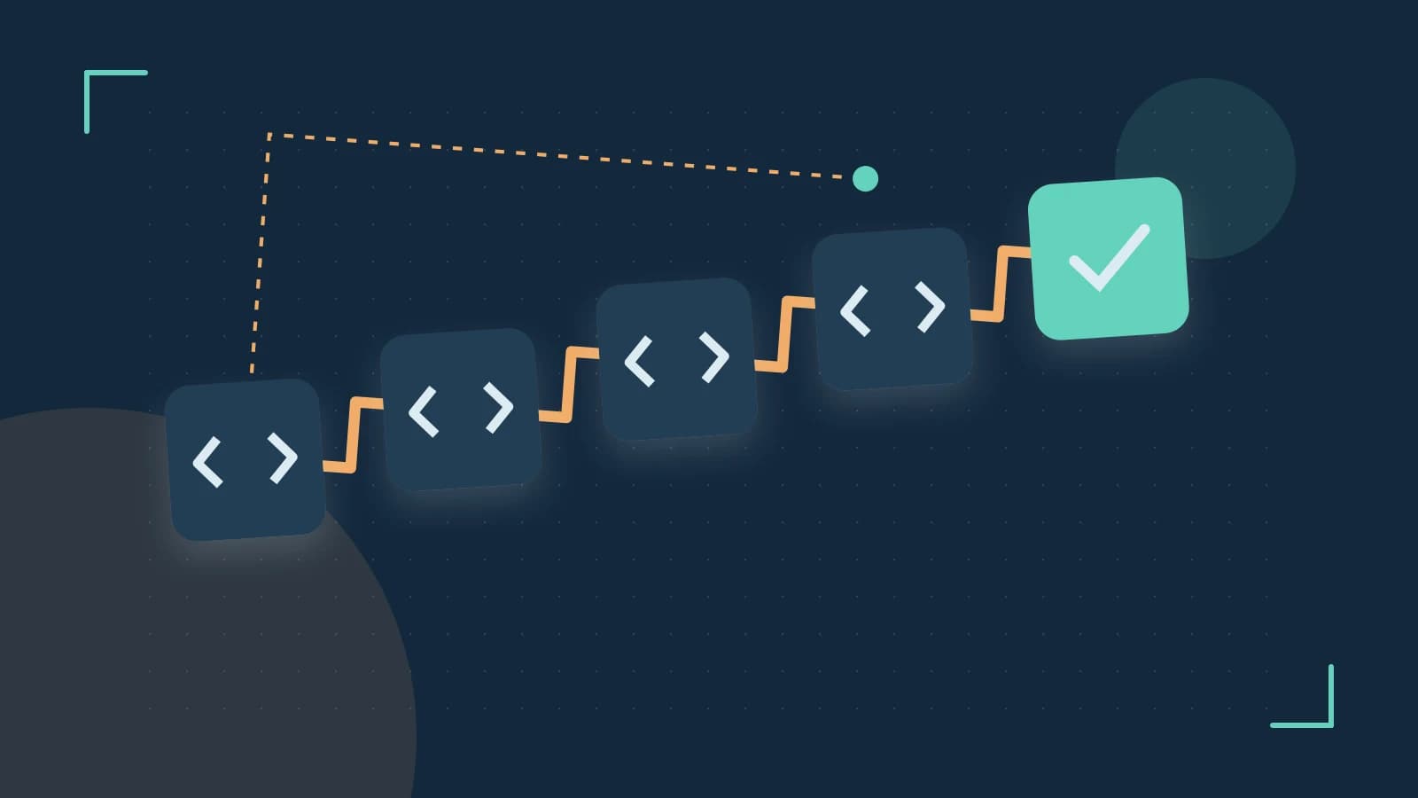 Editorial illustration of a branching build pipeline, staged transformations and a completed check