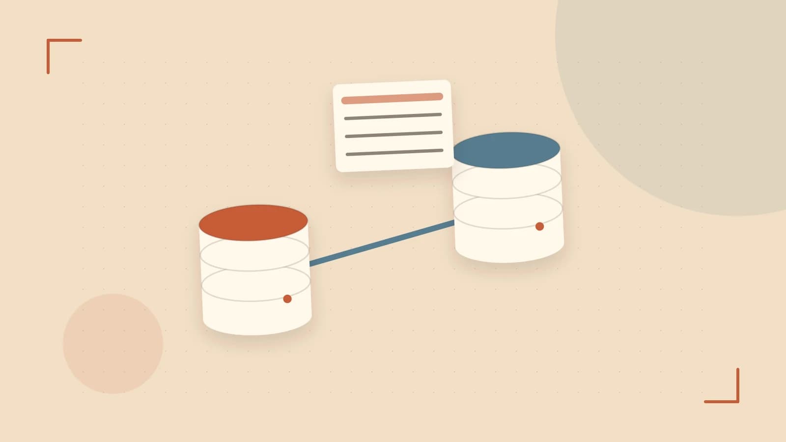 Editorial illustration of structured records, database cylinders and relationships between tables