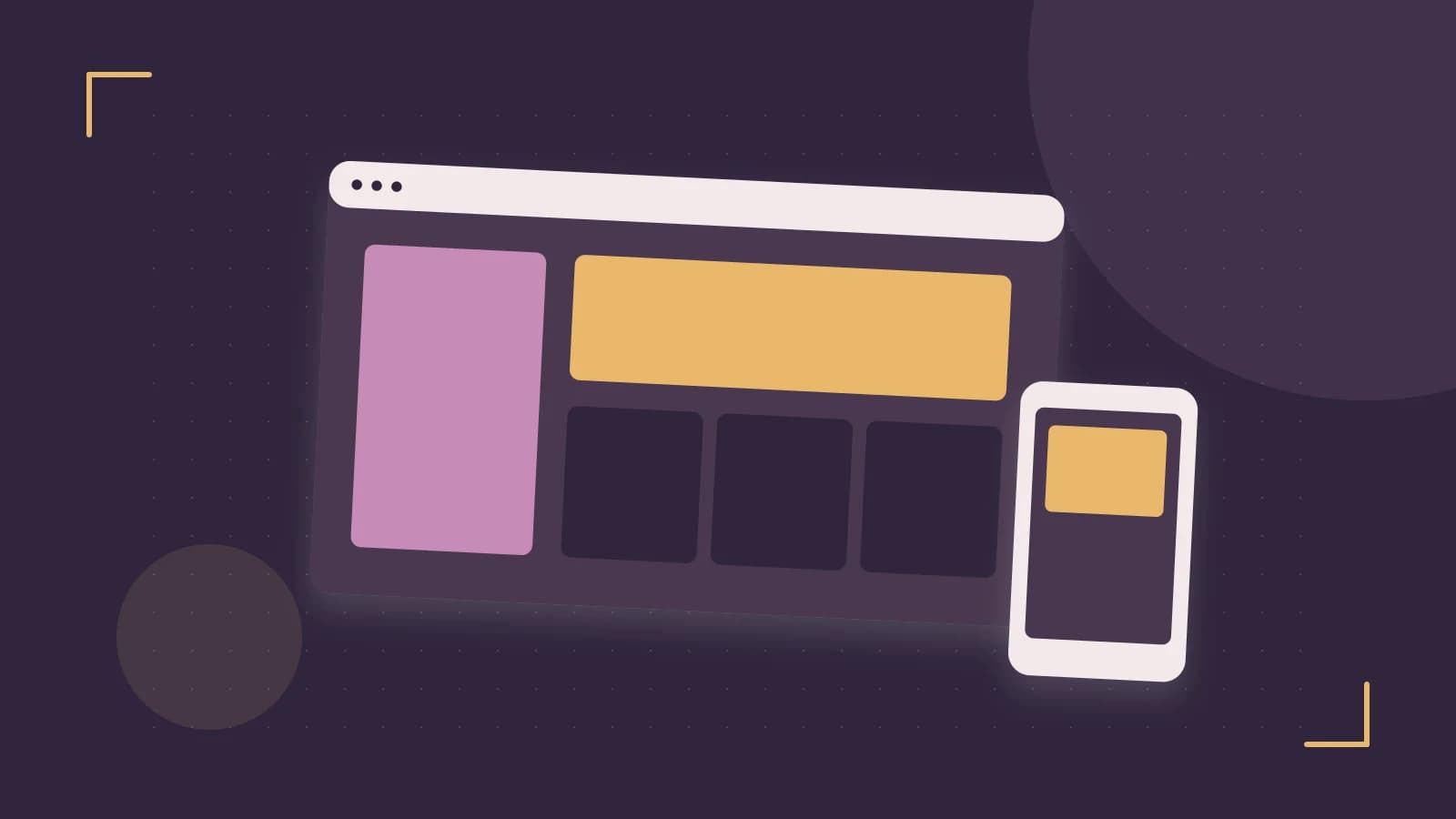 Editorial illustration of responsive browser layouts, overlapping design components and a color system