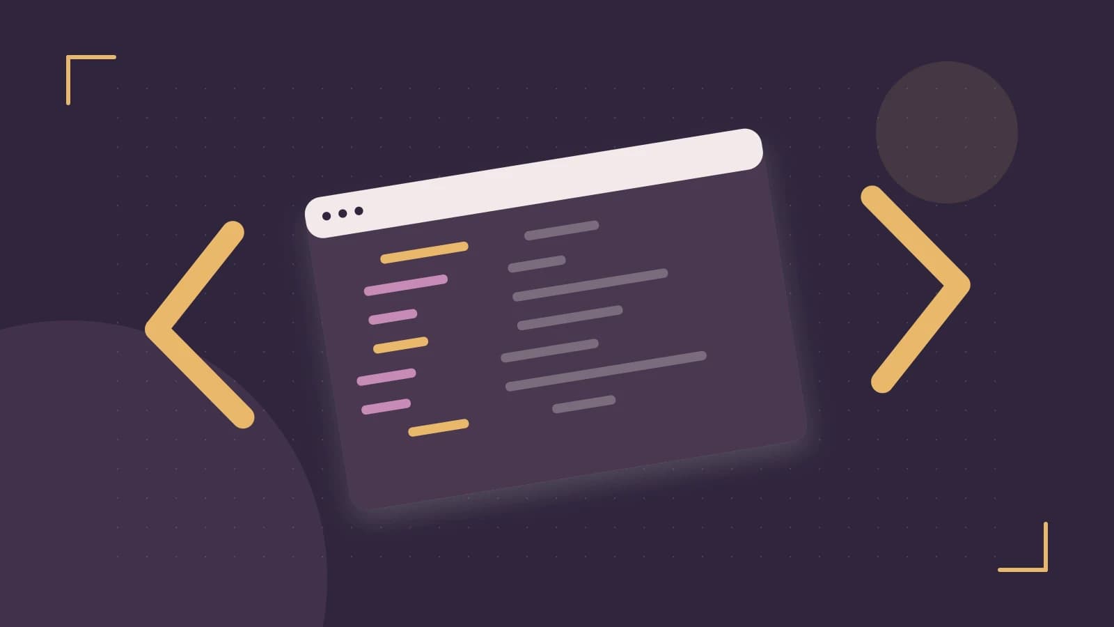 Editorial illustration of an abstract code editor, syntax blocks and oversized programming brackets