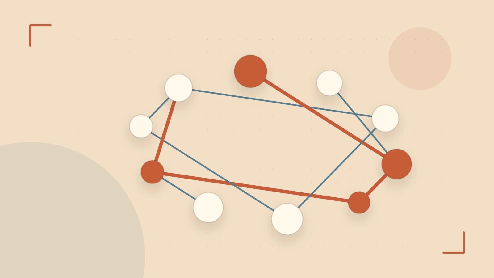 Editorial illustration of an algorithmic node graph with branching paths and a highlighted result