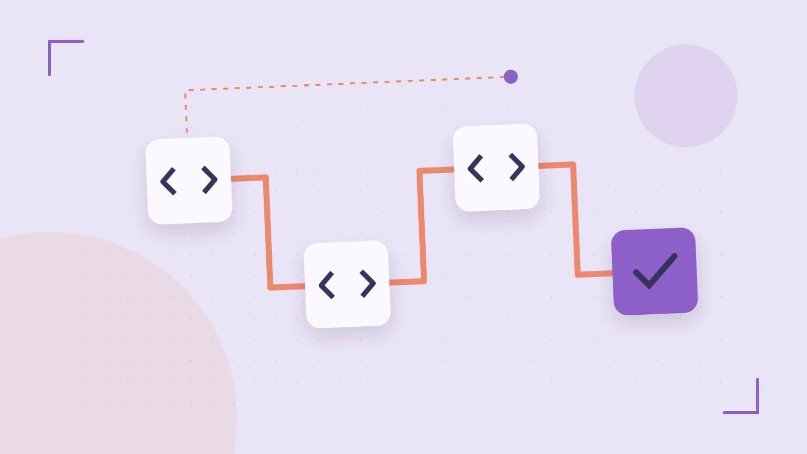Editorial illustration of a branching build pipeline, staged transformations and a completed check