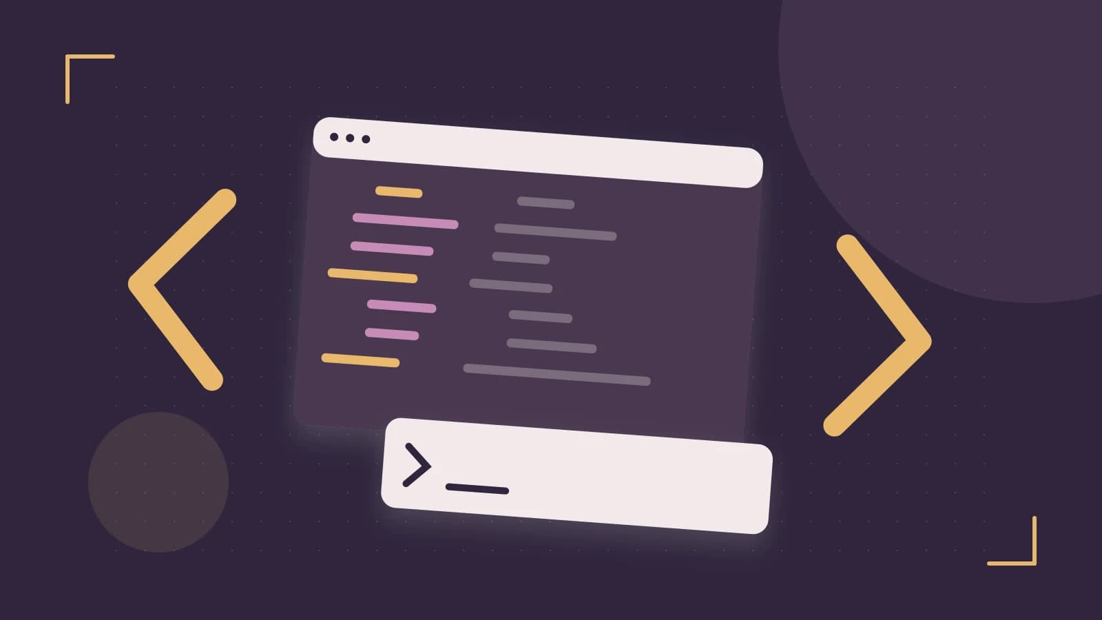 Editorial illustration of an abstract code editor, syntax blocks and oversized programming brackets