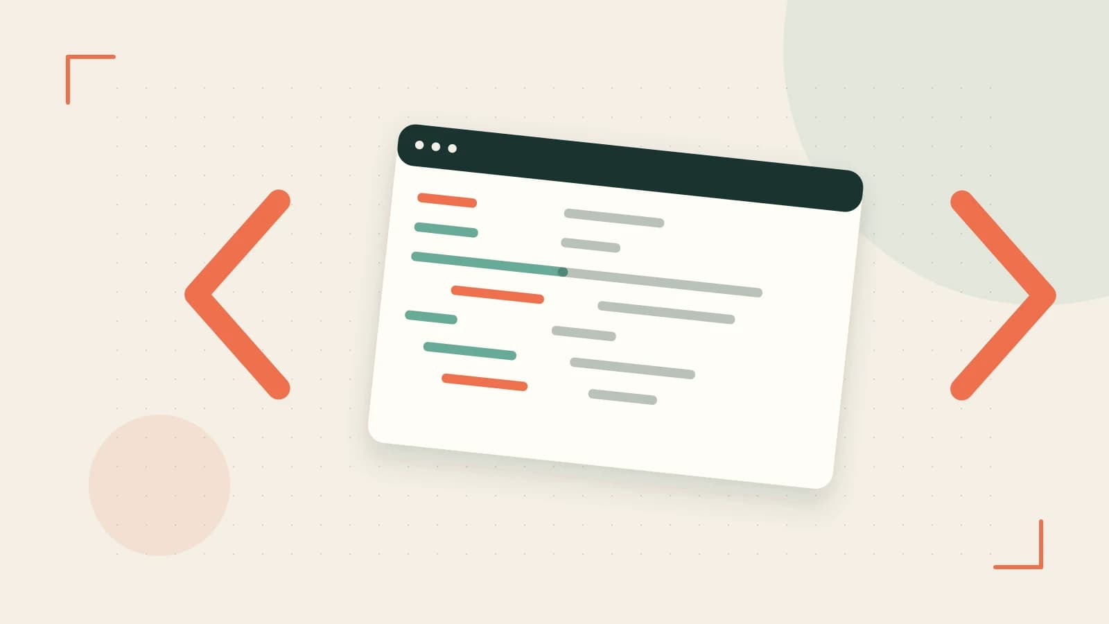 Editorial illustration of an abstract code editor, syntax blocks and oversized programming brackets