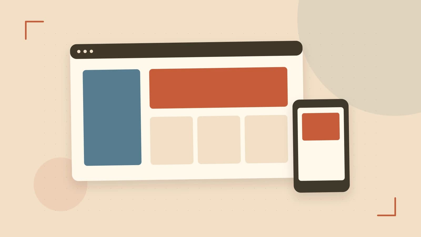 Editorial illustration of responsive browser layouts, overlapping design components and a color system