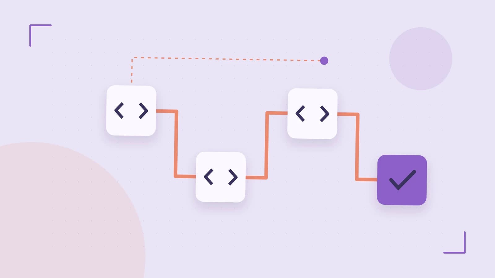 Editorial illustration of a branching build pipeline, staged transformations and a completed check