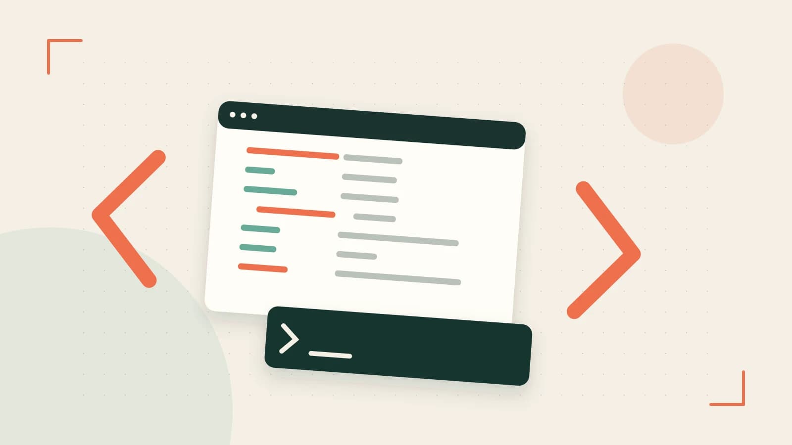 Editorial illustration of an abstract code editor, syntax blocks and oversized programming brackets