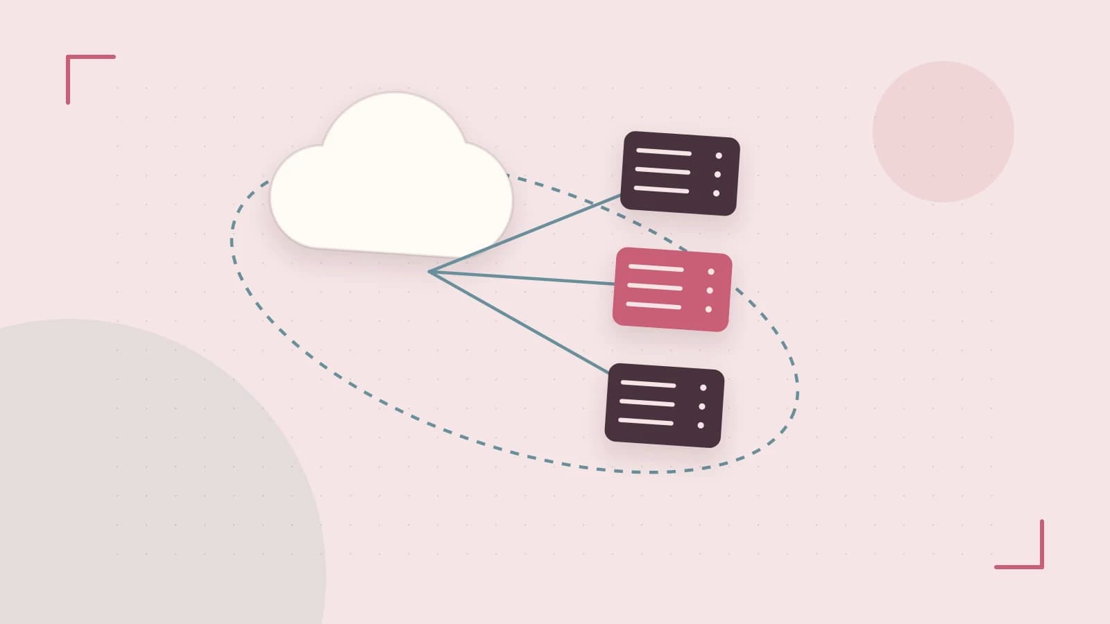 Editorial illustration of cloud infrastructure, connected server racks and an orbital service map