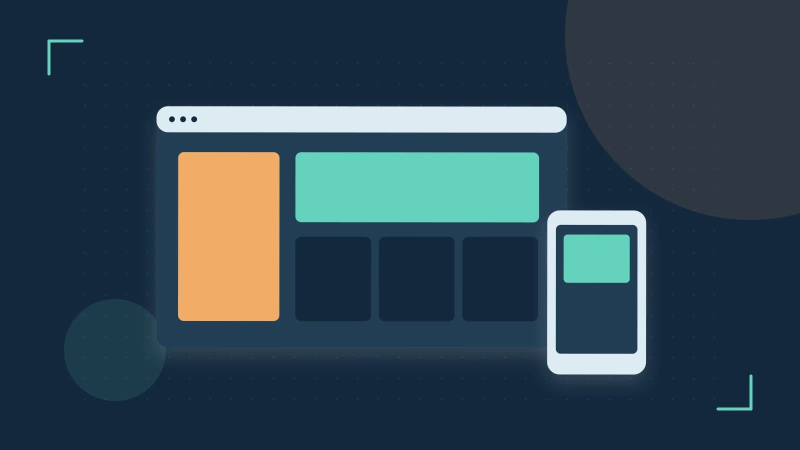 Editorial illustration of responsive browser layouts, overlapping design components and a color system