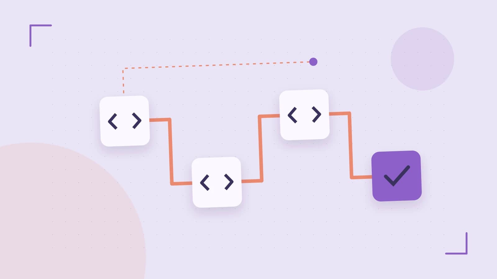 Editorial illustration of a branching build pipeline, staged transformations and a completed check