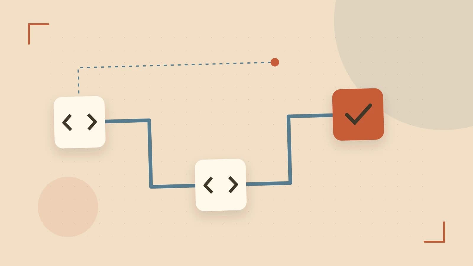 Editorial illustration of a branching build pipeline, staged transformations and a completed check