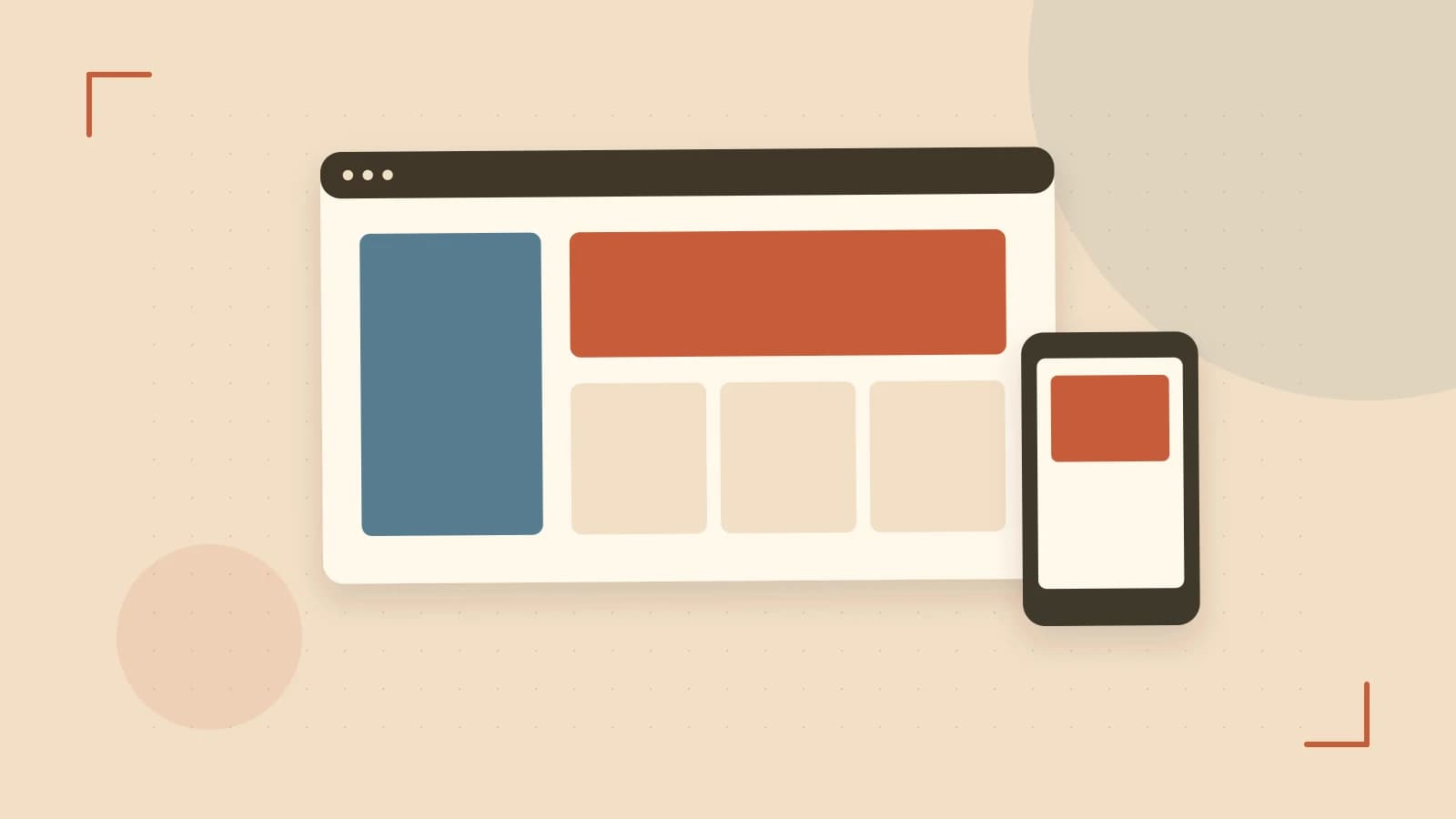 Editorial illustration of responsive browser layouts, overlapping design components and a color system