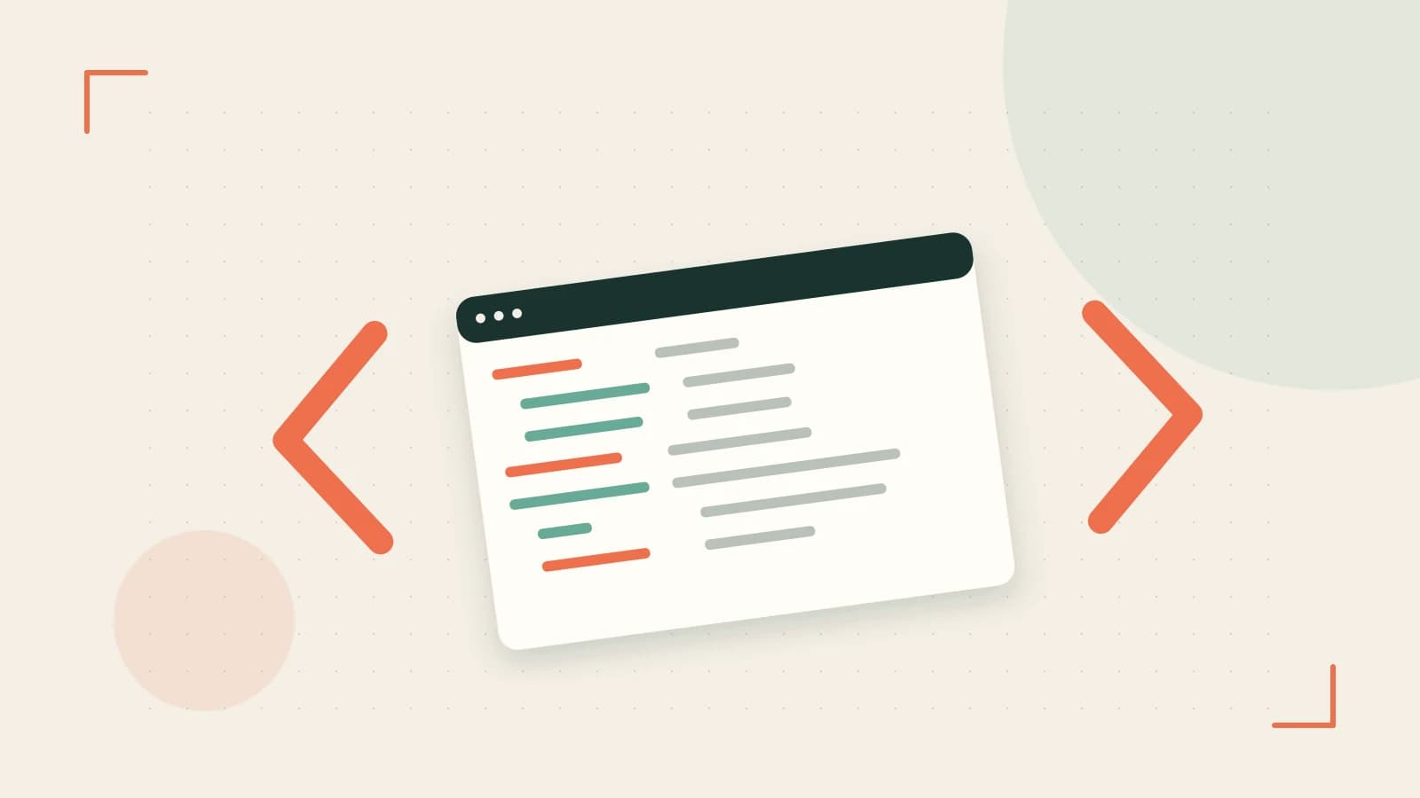 Editorial illustration of an abstract code editor, syntax blocks and oversized programming brackets